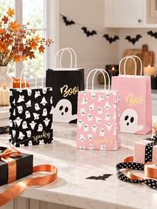 8/12 Pcs Pink Black Ghost Boo Print Halloween Paper Gift Bag, Reusable Tote Lunch Bag For Holiday Party Candy Present Shopping Packaging - Multicolor - View 4