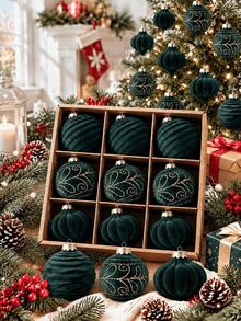9pcs/Set Green Christmas Flocked Balls, Flocked Christmas Decorations, Handmade Flocked Balls, Christmas Tree Decorations, Christmas Tree Balls, Suitable For Weddings, Anniversaries, Winter Decor, New Year And Christmas Tree Decorations - Green Flocked Christmas Ball - View 1
