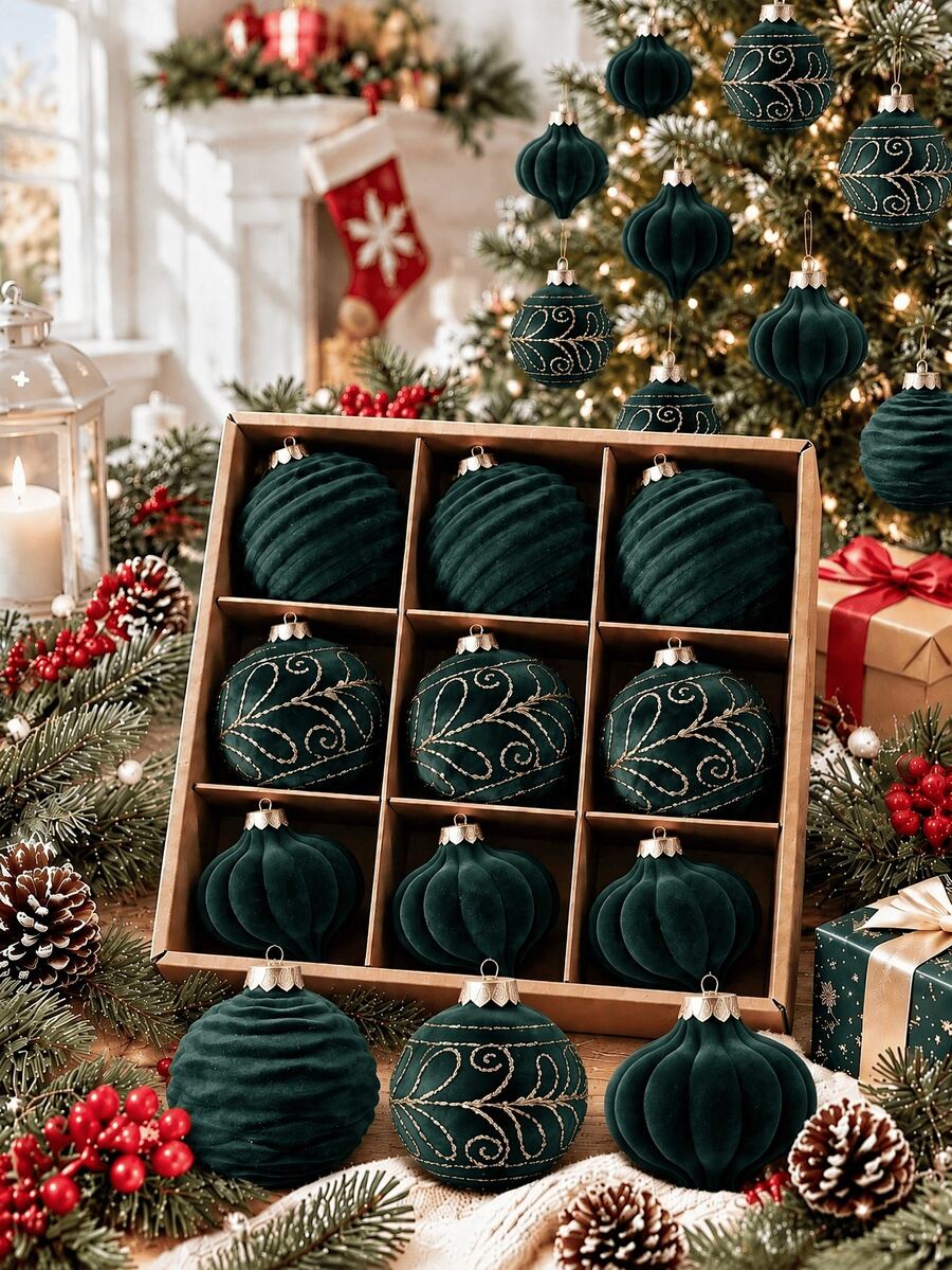 9pcs/Set Green Christmas Flocked Balls, Flocked Christmas Decorations, Handmade Flocked Balls, Christmas Tree Decorations, Christmas Tree Balls, Suitable For Weddings, Anniversaries, Winter Decor, New Year And Christmas Tree Decorations - Green Flocked Christmas Ball - View 1