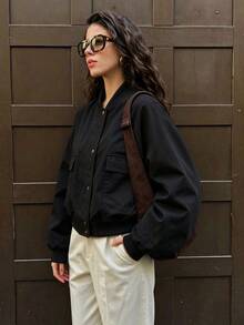 Casual Baseball Pocket Women's Jacket Loose Short Outerwear - Black - View 4
