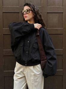 Casual Baseball Pocket Women's Jacket Loose Short Outerwear - Black - View 1