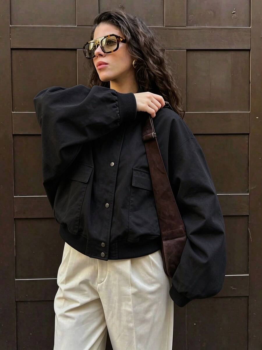 Casual Baseball Pocket Women's Jacket Loose Short Outerwear - Black - View 1