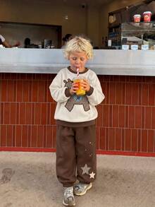 2pcs/Set Kids Plaid Maillard Colorblock Pony Patchwork Star Print Vintage Style Sweatshirt & Pants Set, Y2K Casual Children's Clothing Outfit - Brown - View 2