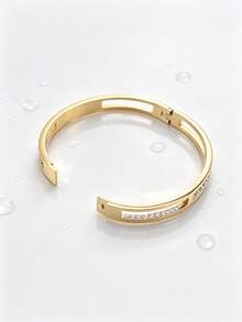 1pc Elegant Charming Personalized Fashion Stainless Steel Gold-Plated Hollow Geometric Rhinestone Inlaid Snap Bracelet, Men's Party Gift Choice - Style 1 - View 4