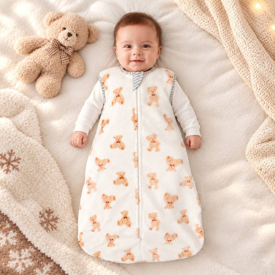1.5 Tog Flannel Baby Sleeping Bag, Warm Toddler Sleeping Bag Suitable For All Seasons - Bear - View 1