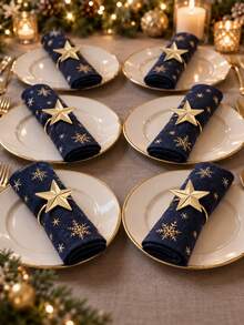 6pcs Christmas Napkin Rings, Gold Five-Pointed Star Shiny Metal Tabletop Decor, Classic Holiday Napkin Buckles Suitable For Dining Table, Holiday Banquet, Christmas Family Gathering, Tabletop Decoration - Gold Star - View 6