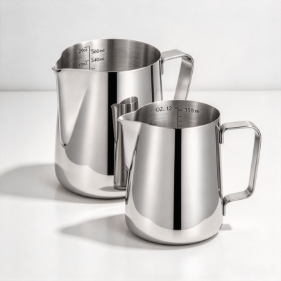 Set Of 2 Stainless Steel Milk Jugs, 350 Ml And 600 Ml, With Temperature Indicator And Latte Art Pen, Silver Finish For Cappuccino Making.