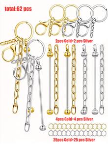 13/62/124pcs Beaded Keychain Kit, Includes 4 Blank Beaded Rods, Keychains, Chains, Open Rings - Silver/Gold/Rose Gold Blank Beaded Keychains - Beaded Keychain Making Gifts, Wallet Making, DIY Wallet Making - Keychain - View 13