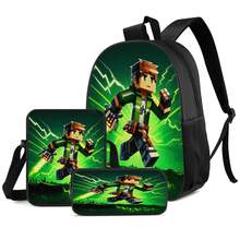 Q-Version Pixel Adventure Style Running Boy Green Lightning Effect Print 3 Pieces Set Large Capacity Backpack + Crossbody Bag + Pencil Case Adjustable Breathable Shoulder Straps Gaming Pixel Style Game Theme Enthusiast Daily Commute Storage Set - Printed Bag - View 1