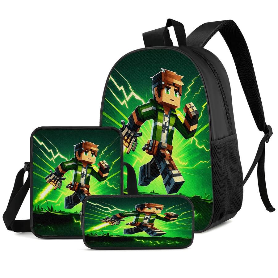 Q-Version Pixel Adventure Style Running Boy Green Lightning Effect Print 3 Pieces Set Large Capacity Backpack + Crossbody Bag + Pencil Case Adjustable Breathable Shoulder Straps Gaming Pixel Style Game Theme Enthusiast Daily Commute Storage Set - Printed Bag - View 1