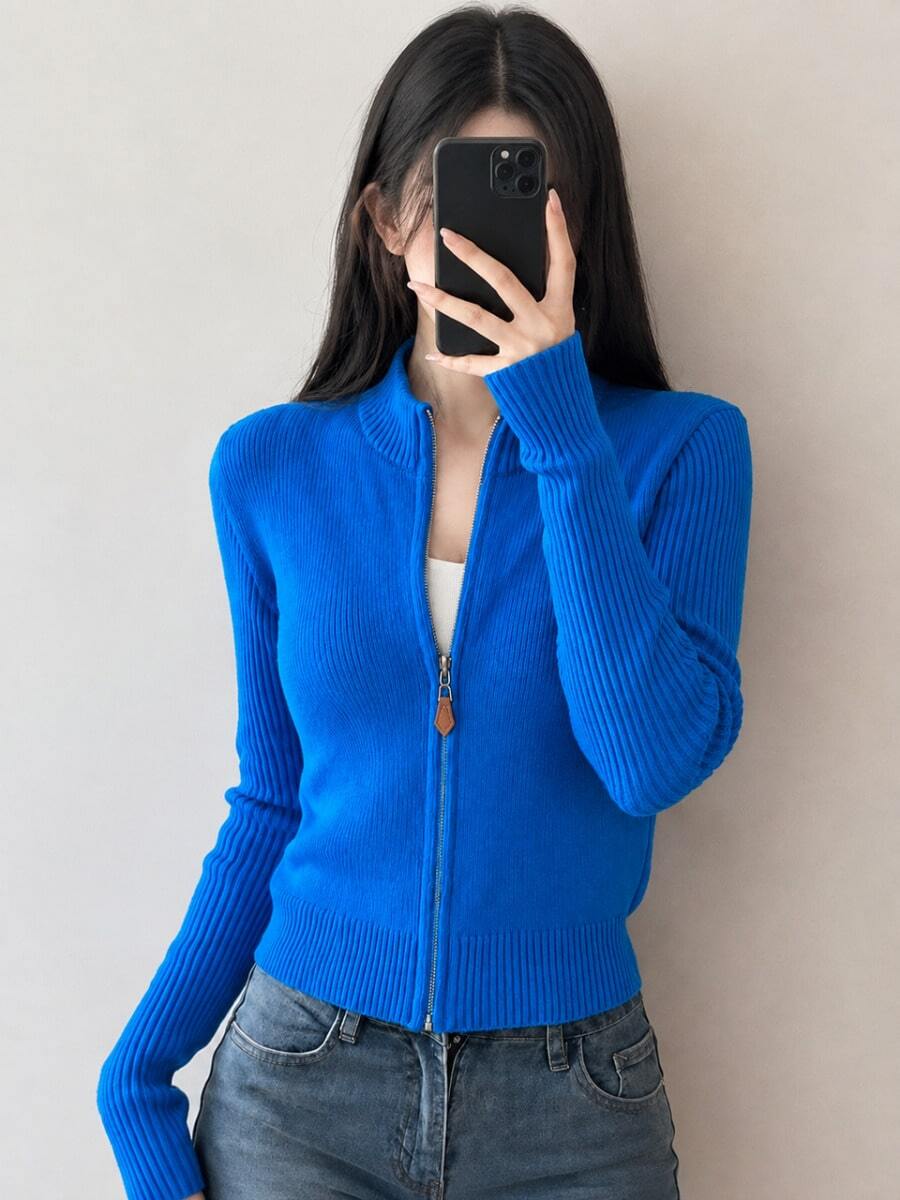 女款秋冬休閒極簡修身拉鍊針織開襟毛衣外套 - 藍色 - 查看 1