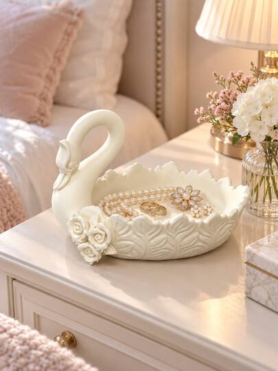 1pc French Swan Decor Jewelry Tray, Rose Floral Vanity Storage Box, Suitable For Perfume, Rings, Earrings, Pearls And Small Accessories, Elegant Bedroom Vanity Home Decor, Wedding, Bridesmaid Gift, Room Decor, Jewelry Storage, Home Decor, Gift
