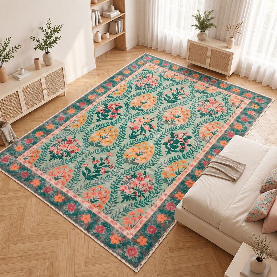Washable Modern Minimalist Patterned Area Rug – Scandinavian Geometric Design, Contemporary Washable Carpet For Living Room, Bedroom & Home Decor - Pastel Green - View 1