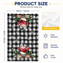 2pcs Black & White Plaid Penguin Pattern Christmas Kitchen Towels, Snowflake Print Tea Towels, Christmas Towels, Winter Holiday Kitchen Home Decor Gifts - Multicolor - View 5