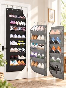1pc Hanging Shoe Rack, Multi-Layer Space-Saving Non-Woven Fabric Hanging Shoe Organizer With Metal Hooks, Black/Grey Closet Door Shoe Rack, Suitable For Bedroom, Entryway, Dorm, Apartment, Home Storage - Multicolor - View 10