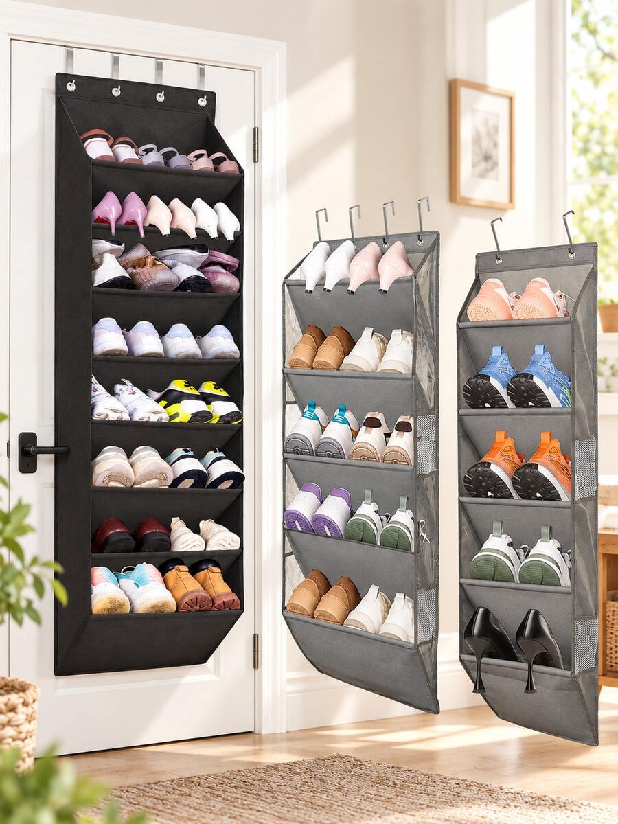 1pc Hanging Shoe Rack, Multi-Layer Space-Saving Non-Woven Fabric Hanging Shoe Organizer With Metal Hooks, Black/Grey Closet Door Shoe Rack, Suitable For Bedroom, Entryway, Dorm, Apartment, Home Storage - Multicolor - View 1