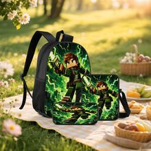 Green Light Lightning Effect Pixel Adventurer Print 3 Pieces Set: Large Capacity Backpack + Crossbody Bag + Pencil Case, Adjustable Breathable Shoulder Straps, Gaming Pixel Style Theme For Daily Commute And Storage - Printed Bag - View 8