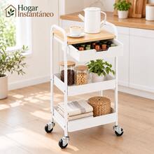 Carrito Organizador con Mesa - 3 niveles, cajón práctico y ruedas con freno. Perfecto para usar en la cocina, oficina o dormitorio - Blanco - Ver 7
