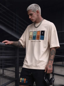Simple Studio | Men's Summer Minimalist Vintage Graphic Print Round Neck Short Sleeve Casual T-Shirt And Drawstring Waist Shorts Set - Apricot - View 3