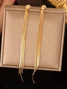 1 Pair Gold Tassel Earrings For Women, Luxurious Elegant Dangle Earrings, Suitable For Daily Wear And Party Occasions - Yellow Gold - View 3