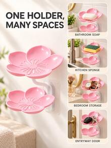 Flower-Shaped Soap Holder Storage Rack - Wall-Mounted Double Layer Soap Rack With Hooks, Suitable For Bathroom, Drainage System And Bathroom Accessories, Easy To Clean - Multicolor - View 3