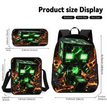 Lava Crack Green Pixel Monster Print 3 Pieces Set Large Capacity Backpack + Crossbody Bag + Pencil Case Adjustable Breathable Shoulder Straps Fashion Pixel Block Game Theme Daily Commute Storage Set - Printed Bag - View 6