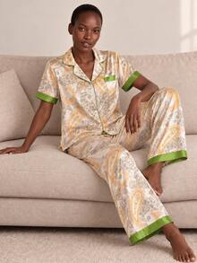 Women's Casual Cashew & Floral Print Faux Silk Patchwork Open Front Short Sleeve Top + Pants Pajama Set - Apricot - View 4