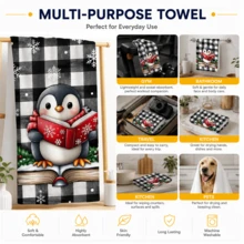 2pcs Black & White Plaid Penguin Pattern Christmas Kitchen Towels, Snowflake Print Tea Towels, Christmas Towels, Winter Holiday Kitchen Home Decor Gifts - Multicolor - View 6