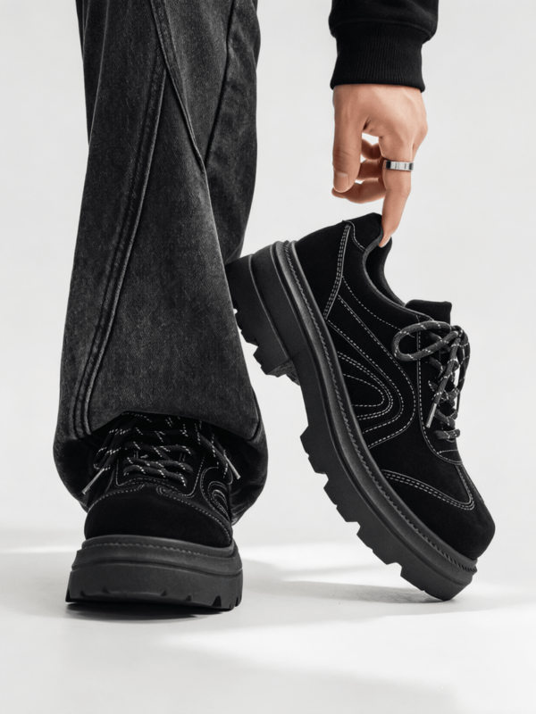 Zapatos de vestir casuales con cordones vintage para hombre, zapatos de cuero de caña baja con suela gruesa y tacón ancho, zapatos formales de estilo brogue minimalista negro con aumento de altura, adecuados para citas, fiestas y desplazamientos