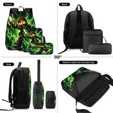 Green Light Lightning Effect Pixel Adventurer Print 3 Pieces Set: Large Capacity Backpack + Crossbody Bag + Pencil Case, Adjustable Breathable Shoulder Straps, Gaming Pixel Style Theme For Daily Commute And Storage - Printed Bag - View 9