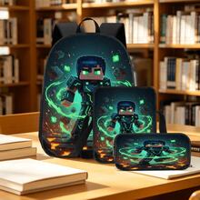 Green Light Armor Pixel Warrior Lava Block Print 3 Pieces Set, Large Capacity Backpack + Crossbody Bag + Pencil Case, Adjustable Breathable Shoulder Straps, Gaming Pixel Style Theme For Daily Commute And Storage - Printed Bag - View 7