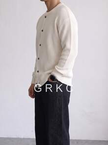 GRKC Men's Round Neck Button Cardigan Knit Sweater, Long Sleeve, Dropped Shoulder, Soft Urban Minimalist Layering Knit Top, Autumn/Winter - Apricot - View 4