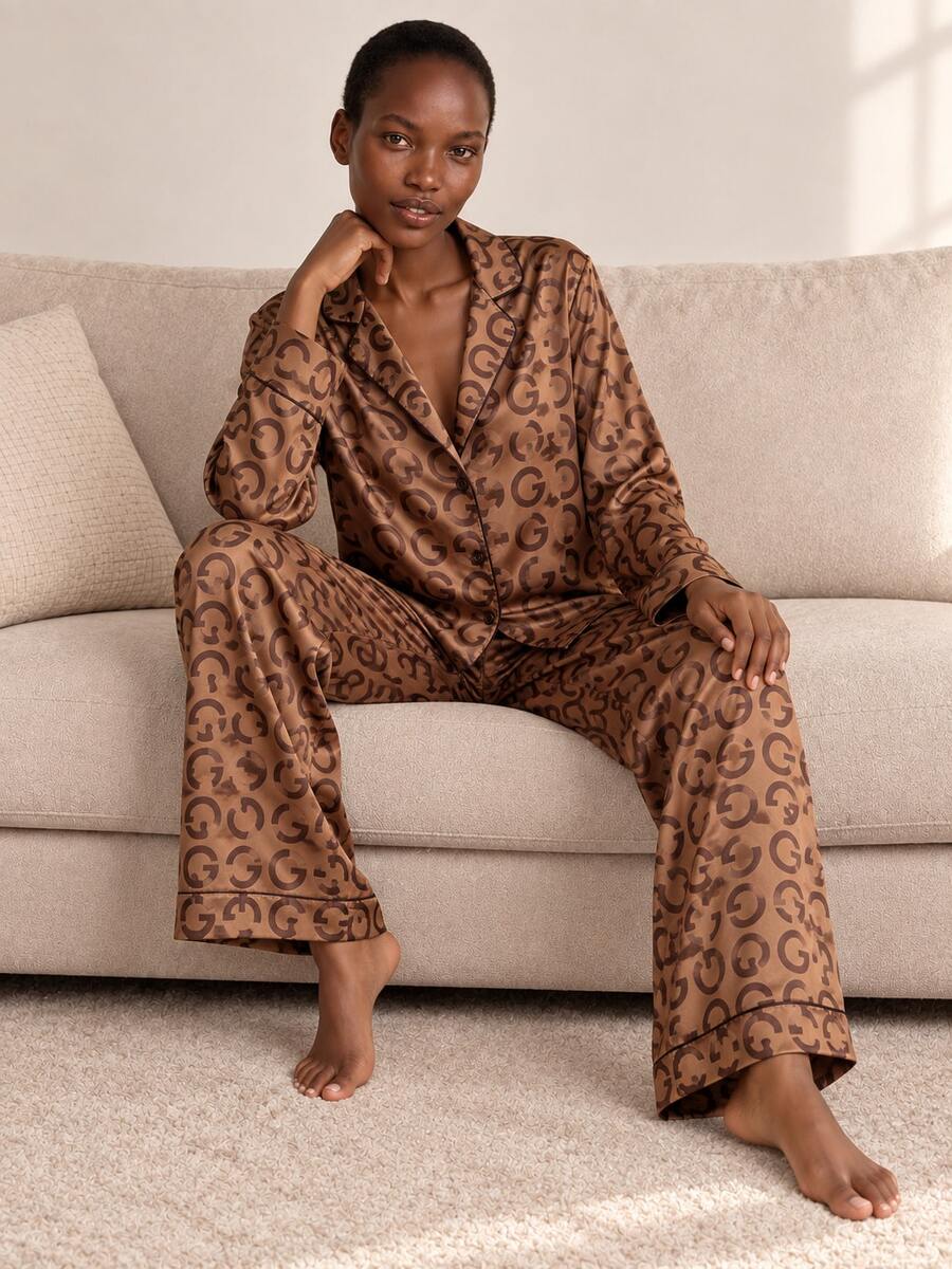 2pcs/Set Women's Satin Pajama Set, All-Over Geometric Print Lapel Deep V-Neck Long Sleeve Top And Pants, Smooth Faux Silk Loungewear - Brown - View 1