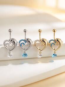 1pc Copper Inlaid Zirconia Heart Dolphin Water Drop Pendant Belly Ring Suitable For Daily Wear - Dolphin Belly Piercing - View 2
