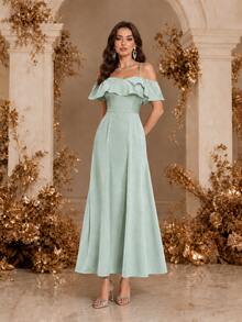 Spaghetti Strap Ruffle A-Line Off-Shoulder Bridesmaid Dress - Mint Green - View 1