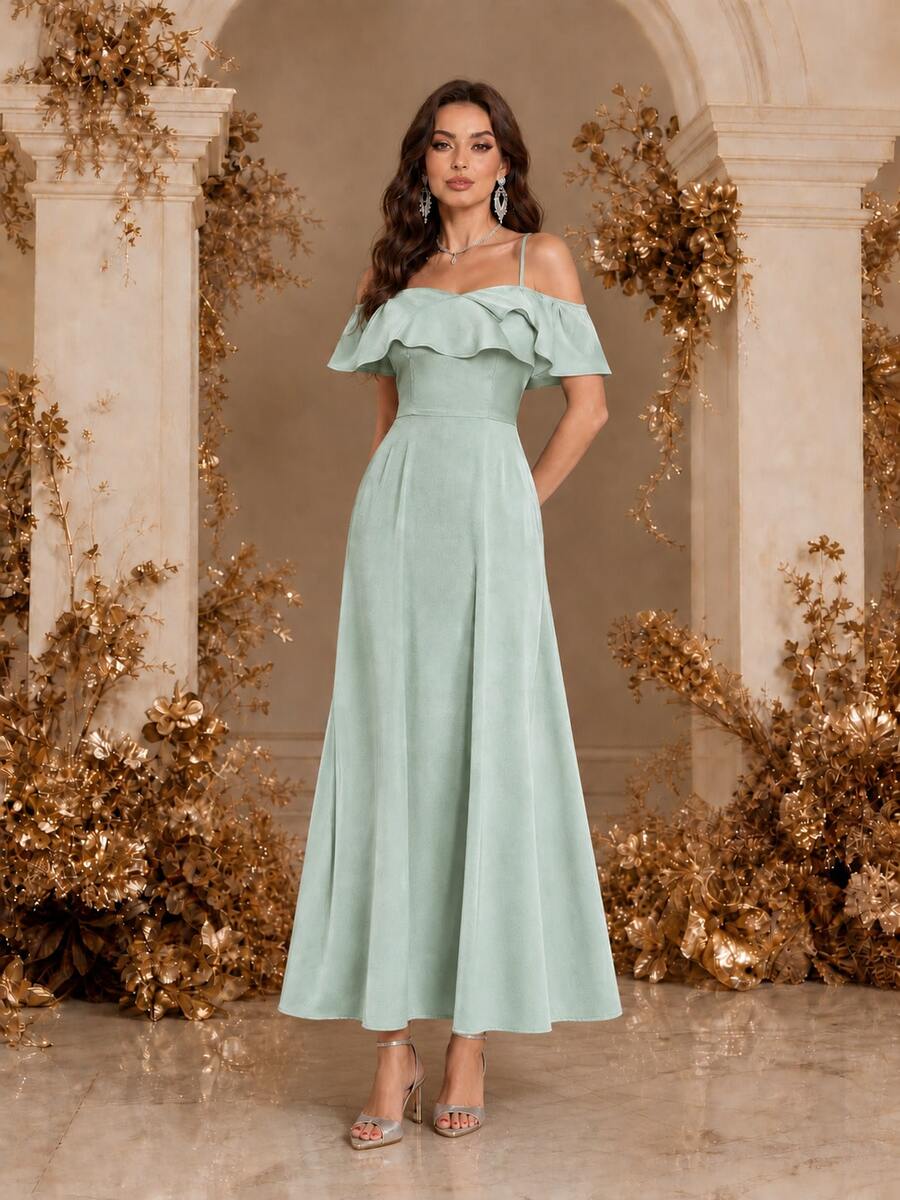 Spaghetti Strap Ruffle A-Line Off-Shoulder Bridesmaid Dress - Mint Green - View 1