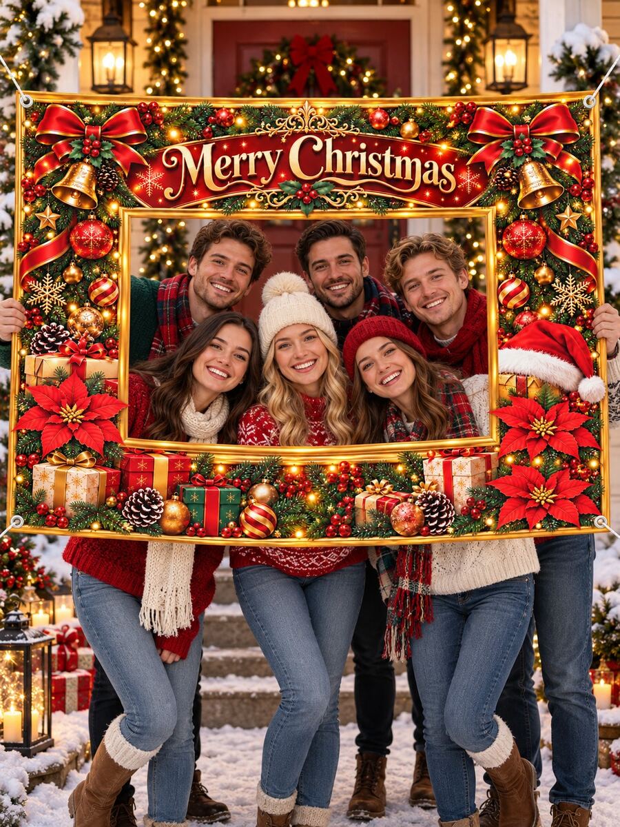 Christmas Polyester Photo Booth Frame Banner, Merry Christmas Red Bow Bell Poinsettia Holly Ornament Gift Print Photo Prop, Holiday Party Photo Backdrop For Family Gathering Indoor Outdoor Xmas Decorations - C - View 1