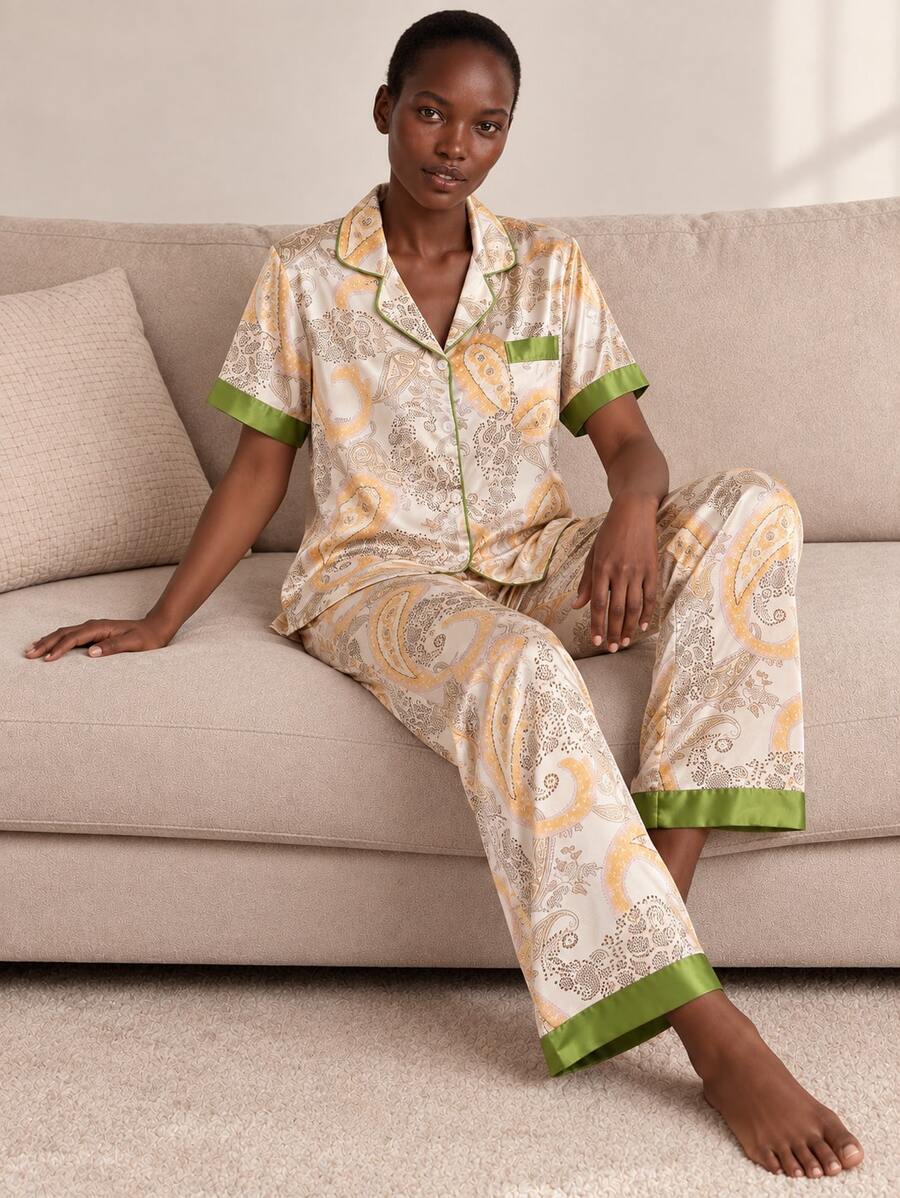 Women's Casual Cashew & Floral Print Faux Silk Patchwork Open Front Short Sleeve Top + Pants Pajama Set - Apricot - View 1