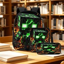 Lava Crack Green Pixel Monster Print 3 Pieces Set Large Capacity Backpack + Crossbody Bag + Pencil Case Adjustable Breathable Shoulder Straps Fashion Pixel Block Game Theme Daily Commute Storage Set - Printed Bag - View 8