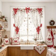 2PCS Christmas Curtains, Line Art Bow Holly Berry Pine Branch Pattern Printed Curtains, Minimalist Style Window, Home Decor - Multicolor - View 2