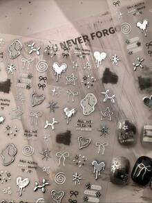 1 Set Decorative Stickers With Tweezers, Phone Stickers, Y2K Silver Metallic Texture Patterns, Heart, Clock, Moon, Star, Bow And Starburst Graphic Stickers, Suitable For Instant Camera, Laptop, Phone Case, Gift Card, Gift Decoration - Liquid Metal Sticker - View 3
