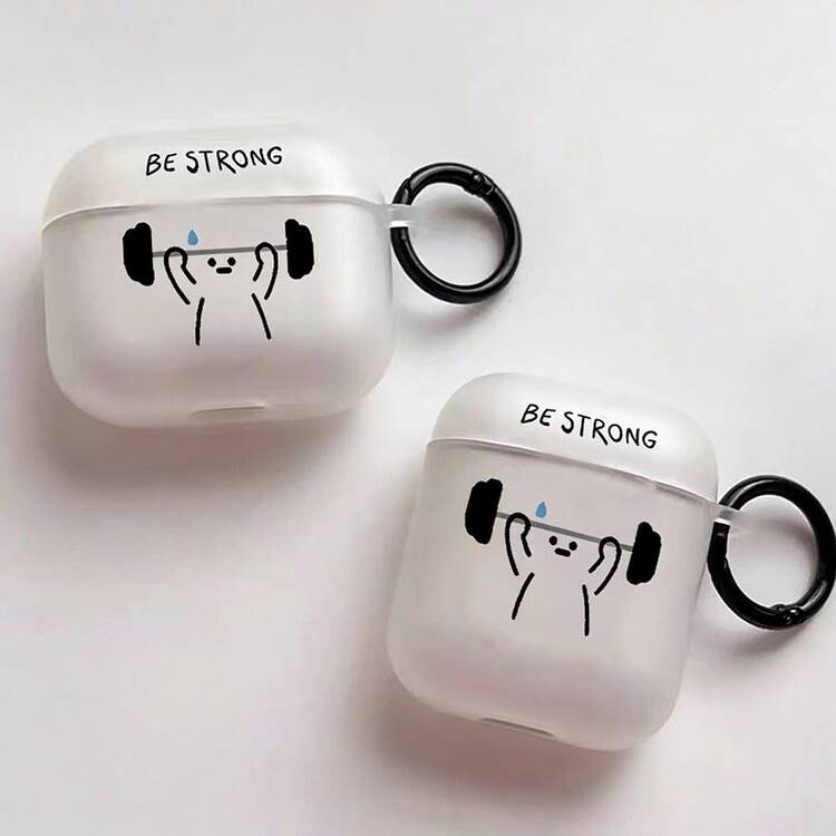 極簡手繪舉重人物「BE STRONG」耳機保護套，半透明磨砂質感搭配黑色圓環掛鉤，可愛個性化，適用於 Apple 保護殼 - 無色 - 查看 4