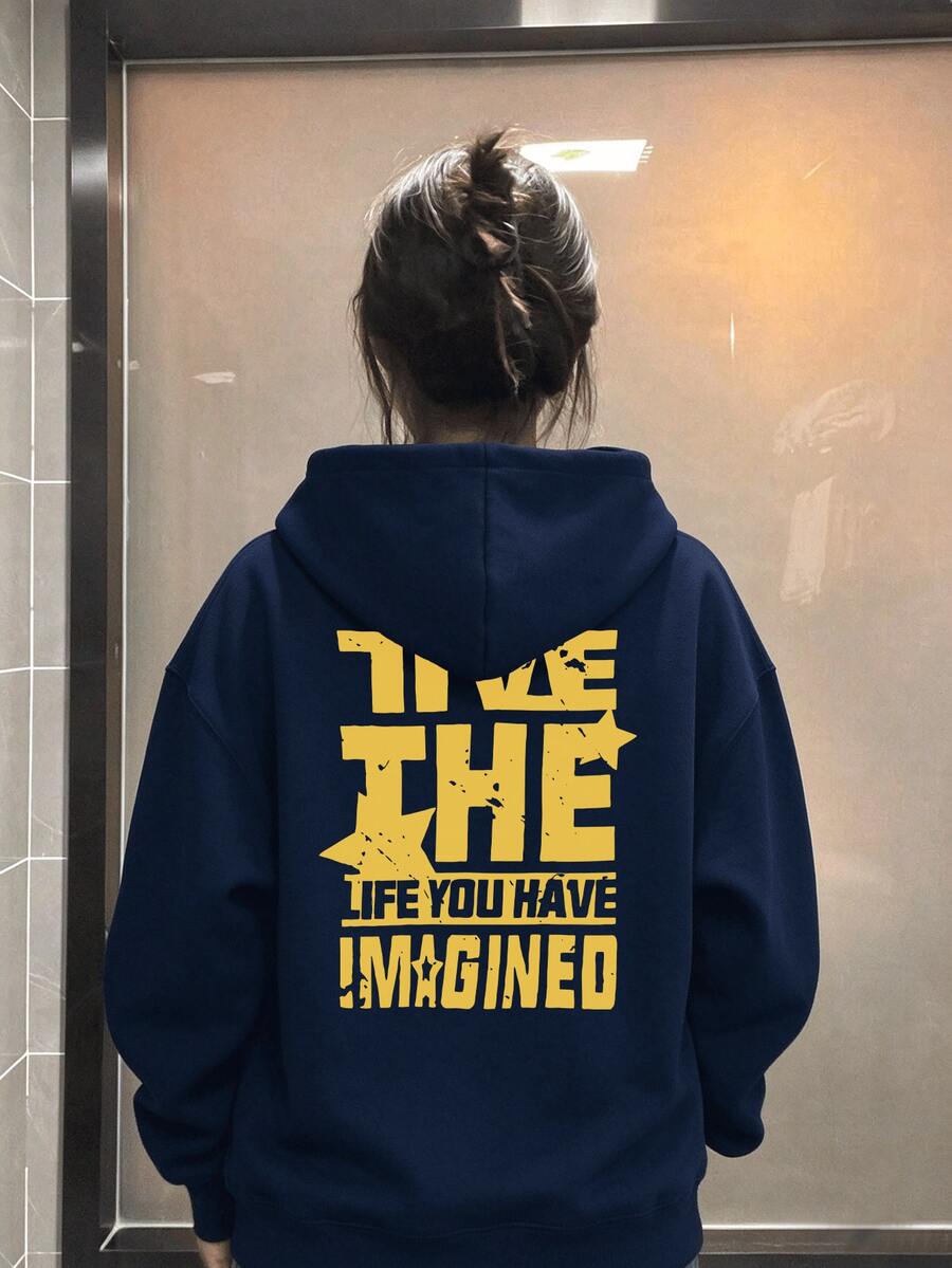 Women's Vintage Letter Graphic Hoodie, Casual Loose Fit Drop Shoulder Long Sleeve Pullover Sweatshirt For Fall/Winter - Navy - View 1