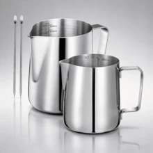 Silver Stainless Steel Frothing Pitcher Pack Of 2, Capacities 350 Ml & 600 Ml, Fitted With Temperature Gauge And Art Tool For Coffee Preparation. - Silver - View 1
