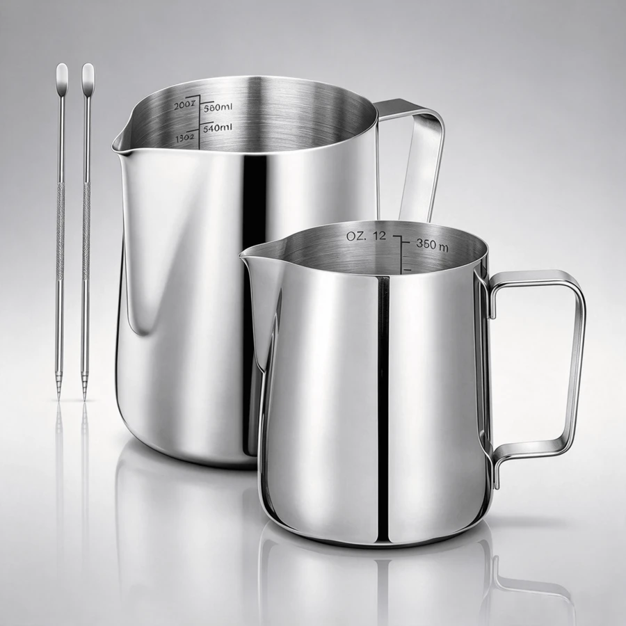 Silver Stainless Steel Frothing Pitcher Pack Of 2, Capacities 350 Ml & 600 Ml, Fitted With Temperature Gauge And Art Tool For Coffee Preparation. - Silver - View 1