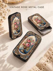 1pc Vintage Rose Floral Metal Matchbox, Sliding Pocket Matchbox, Holds Approx. 20 Matches, Suitable For Home Desktop And Candle Decoration, Christmas Gift, Matches Not Included - View 1