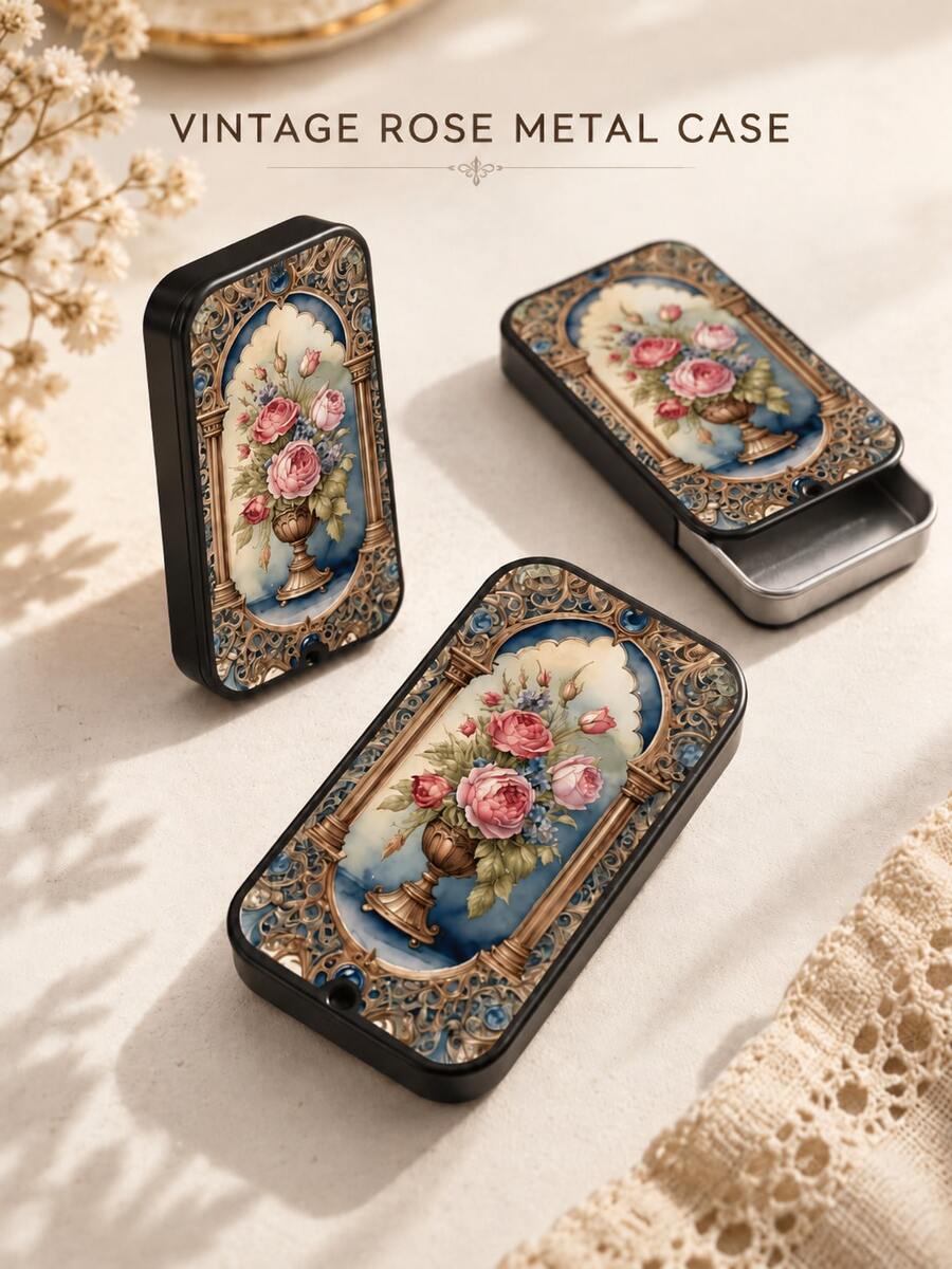 1pc Vintage Rose Floral Metal Matchbox, Sliding Pocket Matchbox, Holds Approx. 20 Matches, Suitable For Home Desktop And Candle Decoration, Christmas Gift, Matches Not Included - View 1