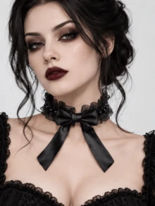 Black Lace Bow Choker Necklace For Women, Gothic Lolita Neck Collar, Dark Sweet Style Ruffle Collarbone Chain, Halloween Cosplay Accessory - A - View 2