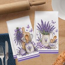 2pcs Watercolor Purple Lavender Butterfly Kitchen Towels, 40*60cm Soft Microfiber Material Tea Towels, Suitable For Home Kitchen Restaurant Outdoor Camping Tabletop Cleaning Dish Cloth Hand Towel Accessories, Kitchen Textile Towels Holiday Gift - Multicolor - View 6