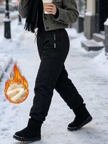 Women's Thermal Lined Thick Warm Pants, Drawstring Waist With Zipper Pockets, Winter Outdoor Sports Pants - Black - View 3